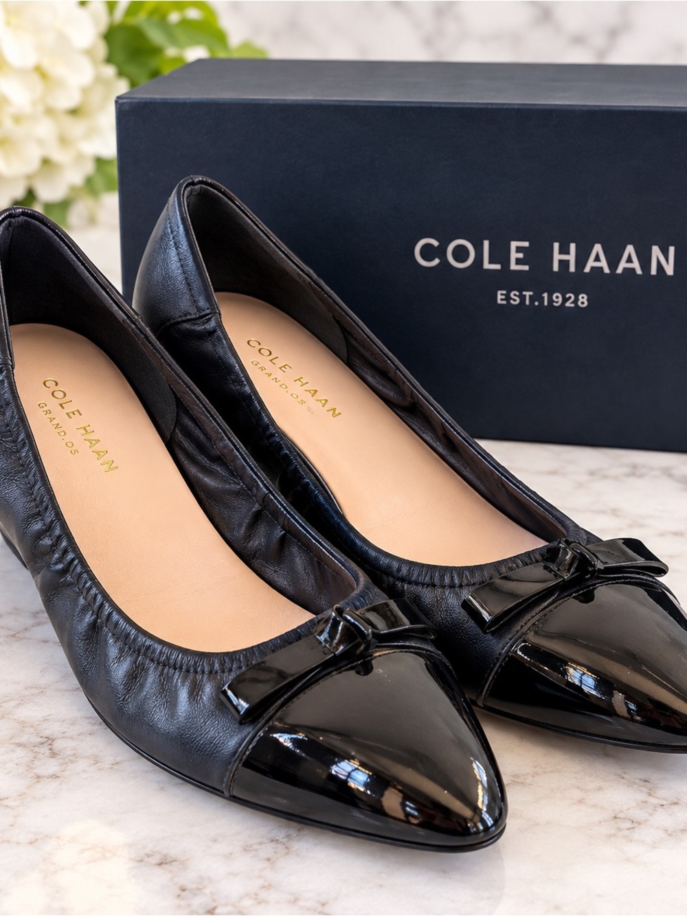 Cole Haan Black Leather Pointed Toe Ballet Flats with Patent Cap